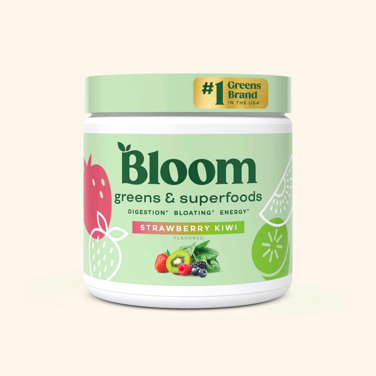 A container of Bloom greens & superfoods powder in Strawberry Kiwi flavor, labeled as supporting digestion, bloating, and energy. 30 servings.