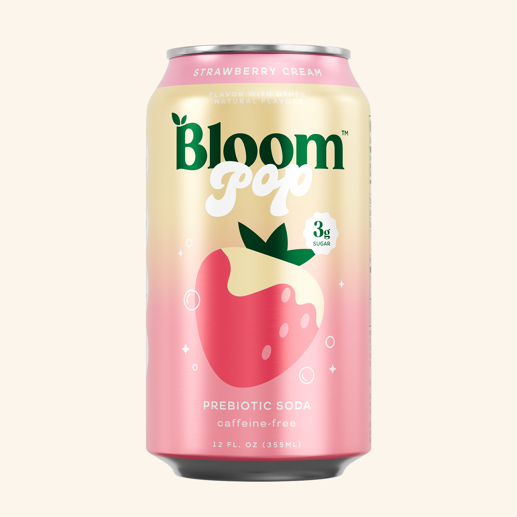 Can of Bloom Pop Strawberry Cream prebiotic soda on a white background